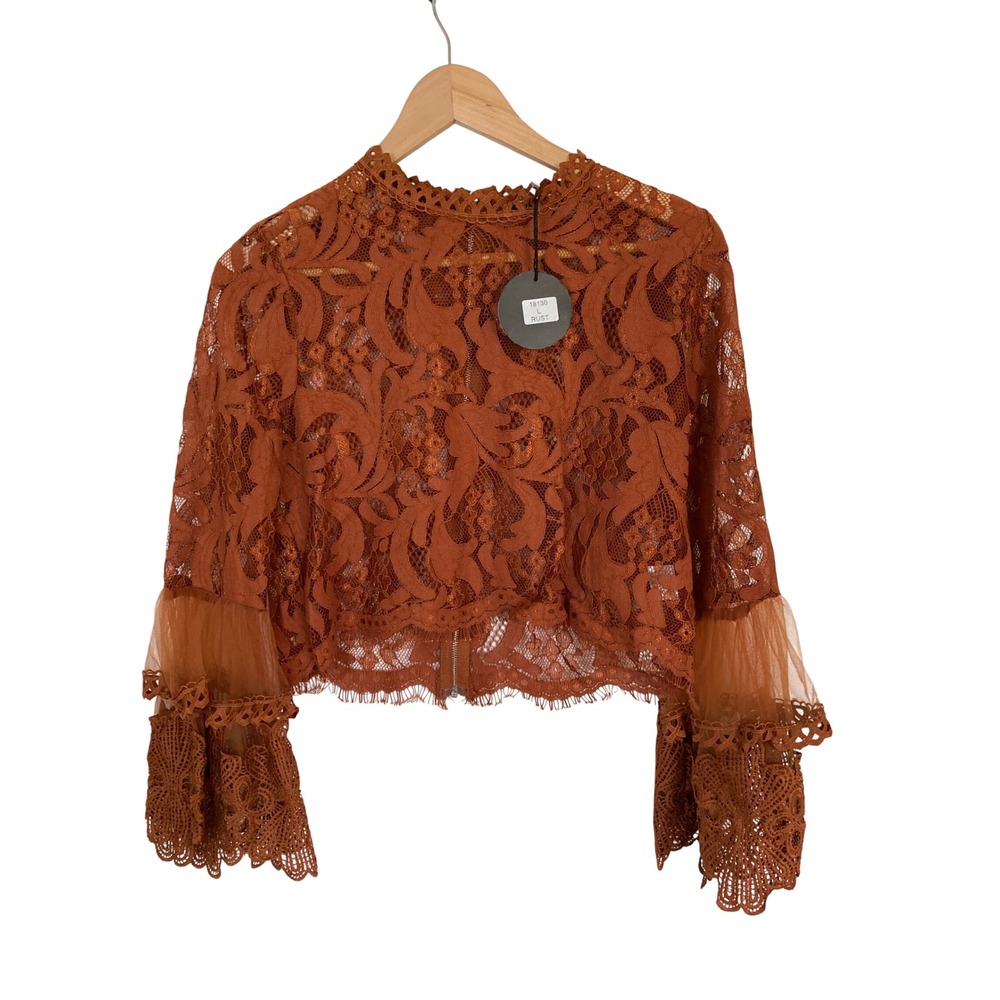 Vivid Womens Rust Orange Floral Lace Bell Sleeve Crop Top Mock Neck NWT 18130 L